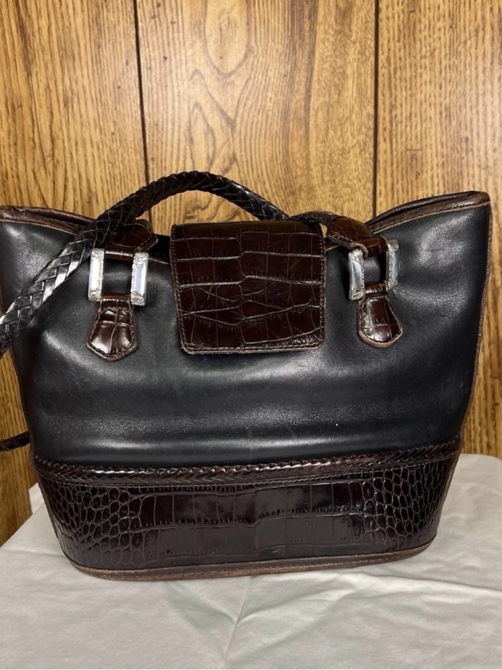 BRIGHTON Black Brown Croc Leather Bucket Shoulder Handbag Satchel Purse Bag